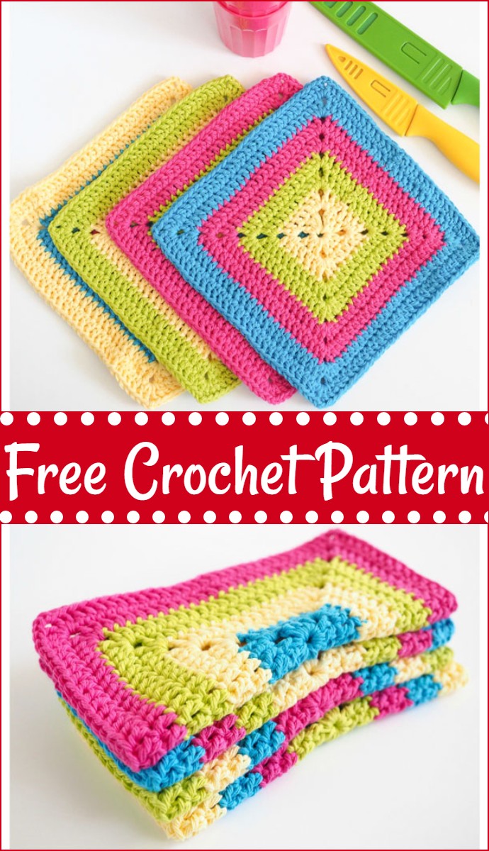 Colorful Solid Granny Square Dishcloth Crochet Pattern