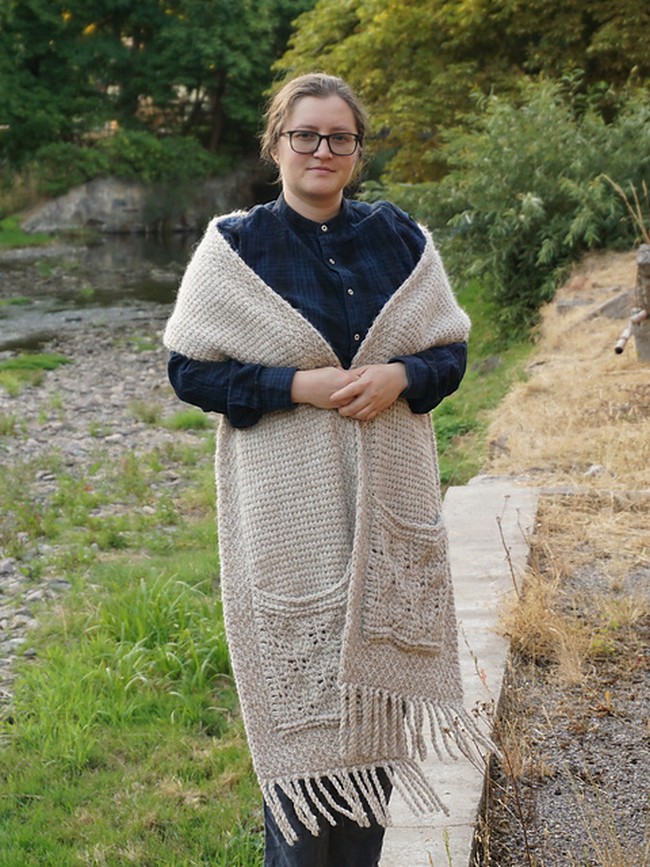 Crochet Cozy Pinecones Pocket Shawl Pattern