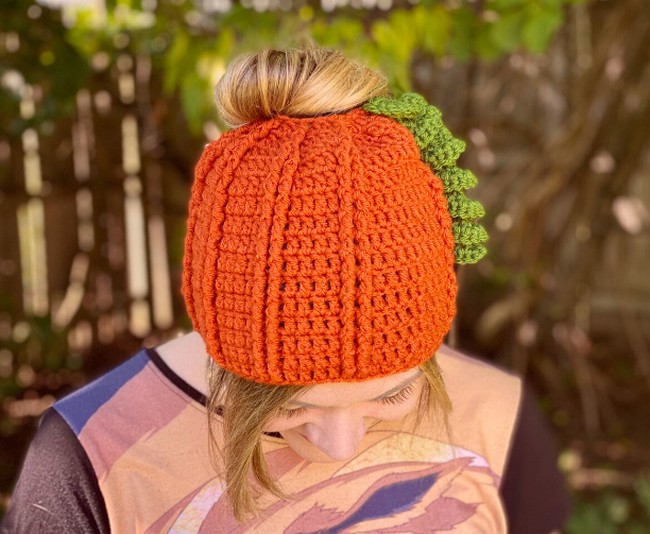 Crochet Pumpkin Messy Bun Beanie Pattern