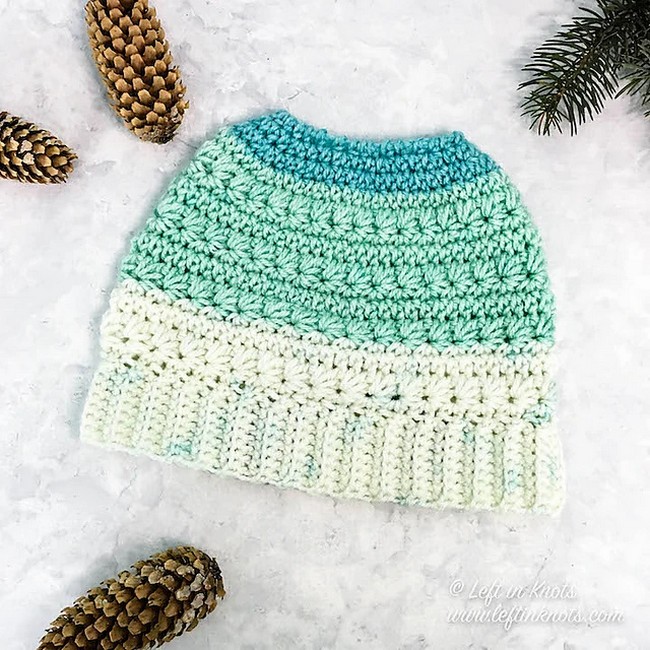 Crochet Snow Drops Messy Bun Hat Pattern