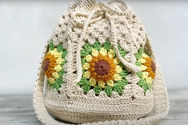 crochet granny square sunflower circle base bag