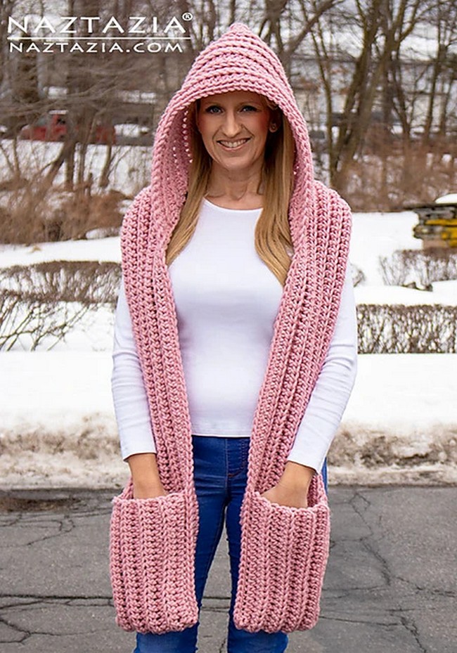 Crochet Hooded Scarf With Pockets Pattern