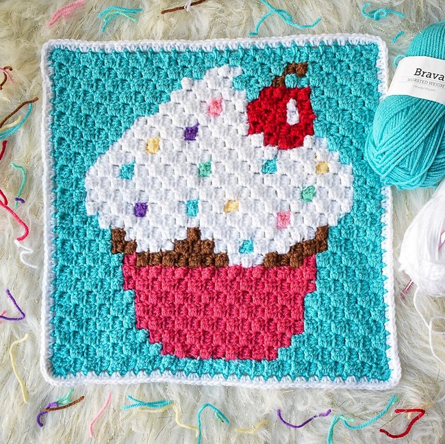 Crochet Sprinkled Cupcake C2c Square Pattern