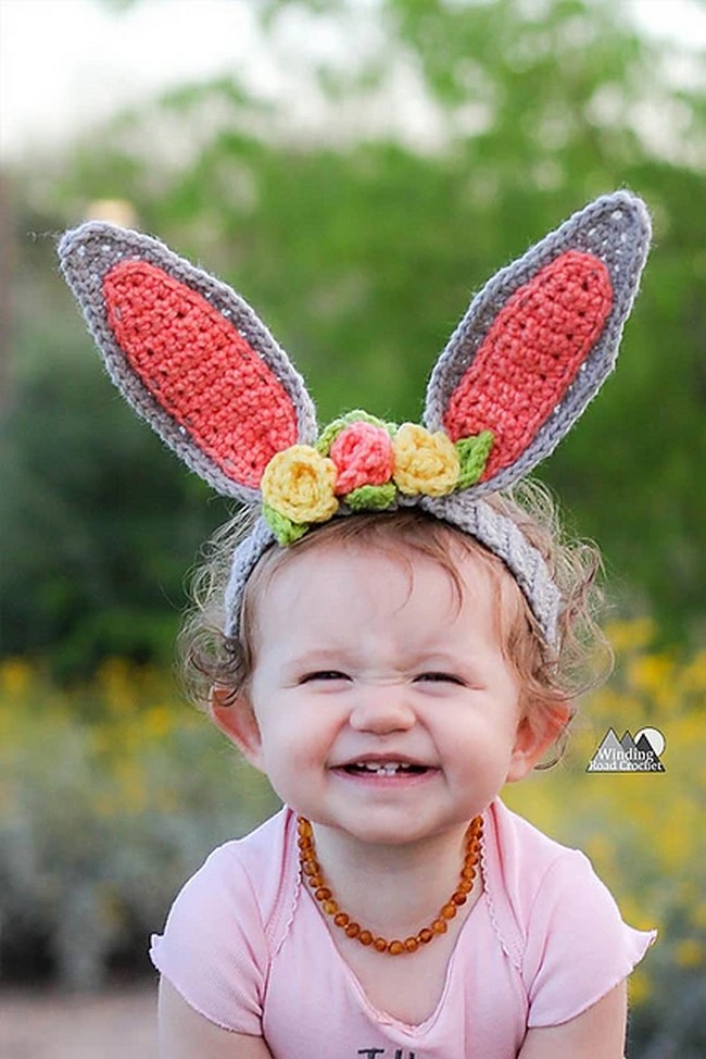 Crochet Bunny Ears Headband With Flowers Pattern